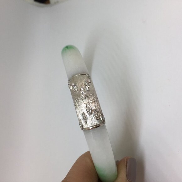 Authentic Jadeite Hinged Bangle Bracelet wtih 14K White Gold and Diamonds - Picture 6 of 8